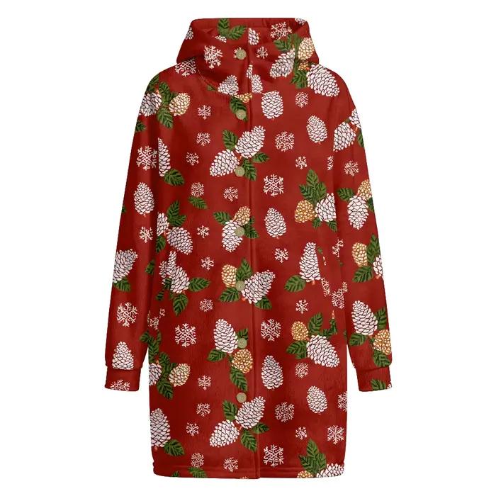 Trench-Coat à capuche rouge festif avec pomme de pin et flocon de neige, vêtement d'hiver en polaire