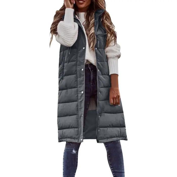 Femmes manteau Long gilet avec capuche automne hiver sans manches chaud coton vers le bas manteau gi
