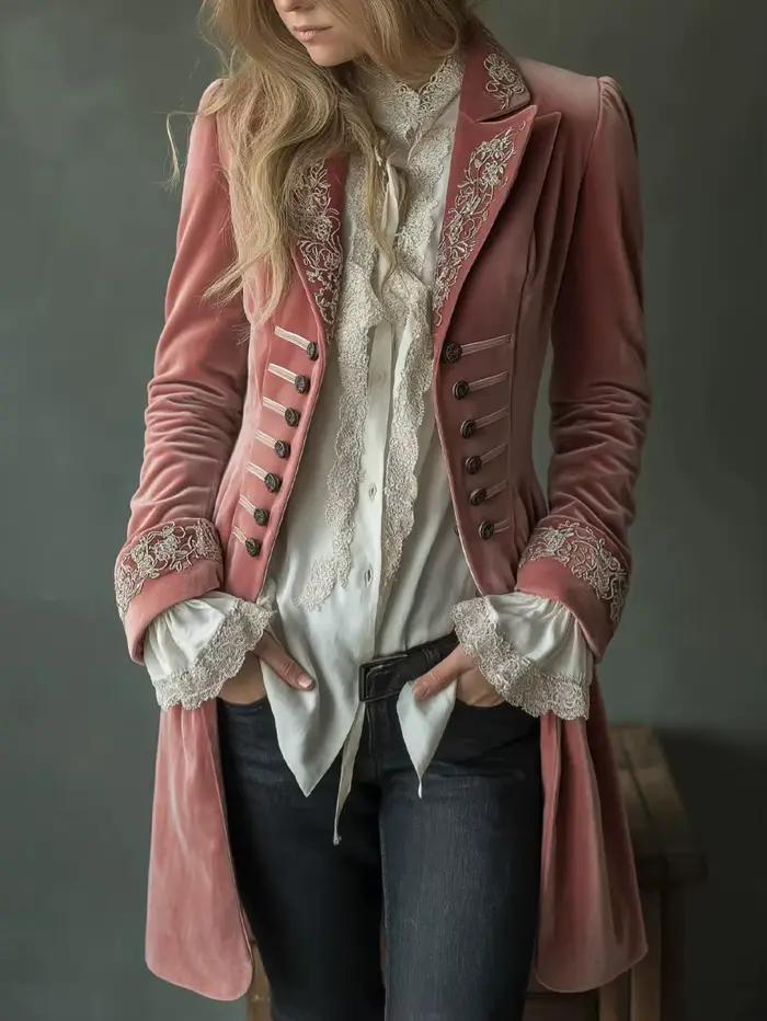 Veste Blazer Femme Vintage en Velours Doré, Printemps Automne, Couleur Unie, Patchwork, Dentelle, Él
