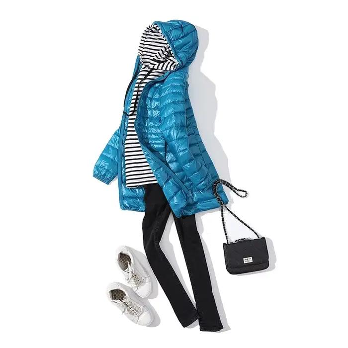 Doudoune Longue Chaude et Légère pour Femme, Manteau à Capuche, avec Sac de Rangement Portable, Long