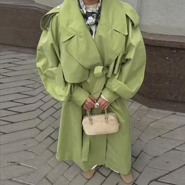 Veste longue unie à lacets sur le devant pour femme, manches bouffantes longues, ample, décontractée