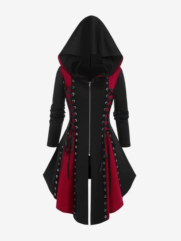 Manteau gothique grande taille à capuche avec lacets et œillets, colorblock, pour femme, manches lon