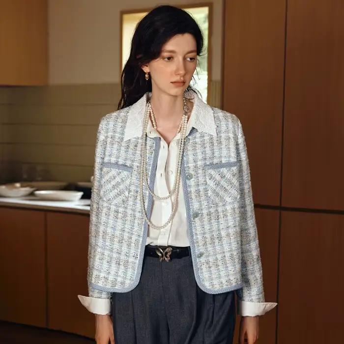 OLrain élégant femmes tissé Tweed vestes automne 2025 à manches longues dames manteaux tressé dentel