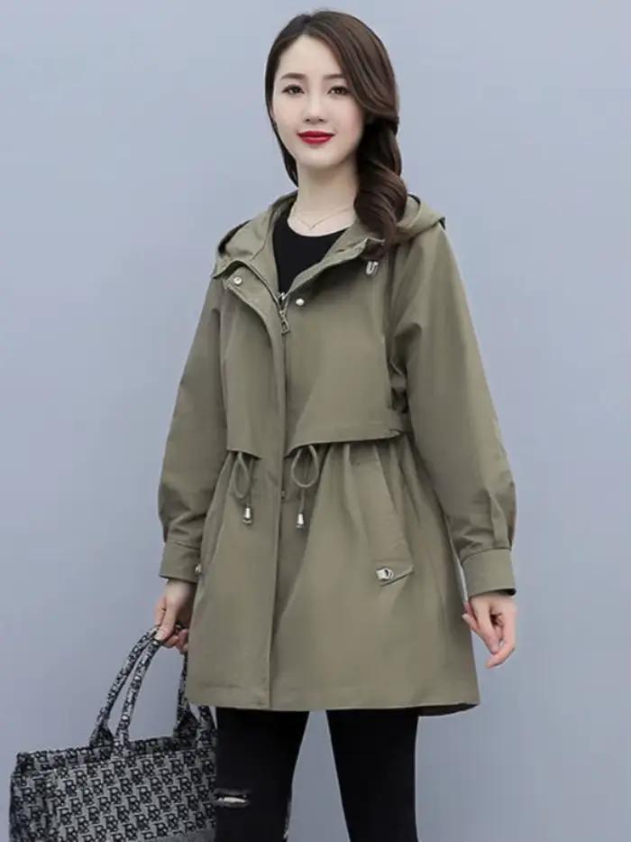 Trench-Coat mi-long à capuche et fermeture éclair pour femme, vestes à nouer, manteaux amples de Sty