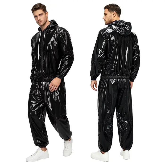 Ensemble de survêtement brillant imperméable pour hommes et femmes, tenue de sauna, veste à capuche