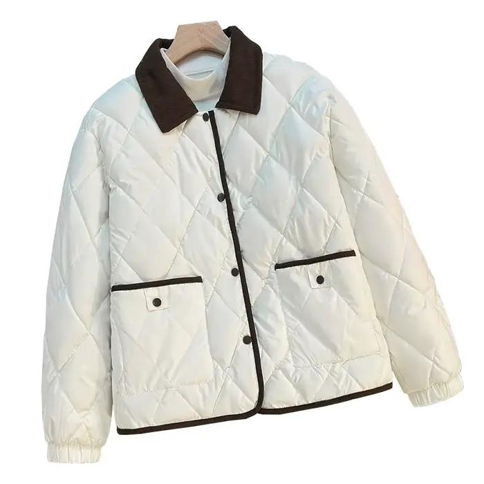 Femmes automne hiver couche de finition coton manteau diamant motif couleur bloc épaissi polaire dou