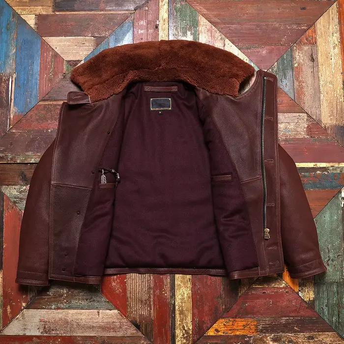 Veste en cuir d'hiver marron rouge pour homme