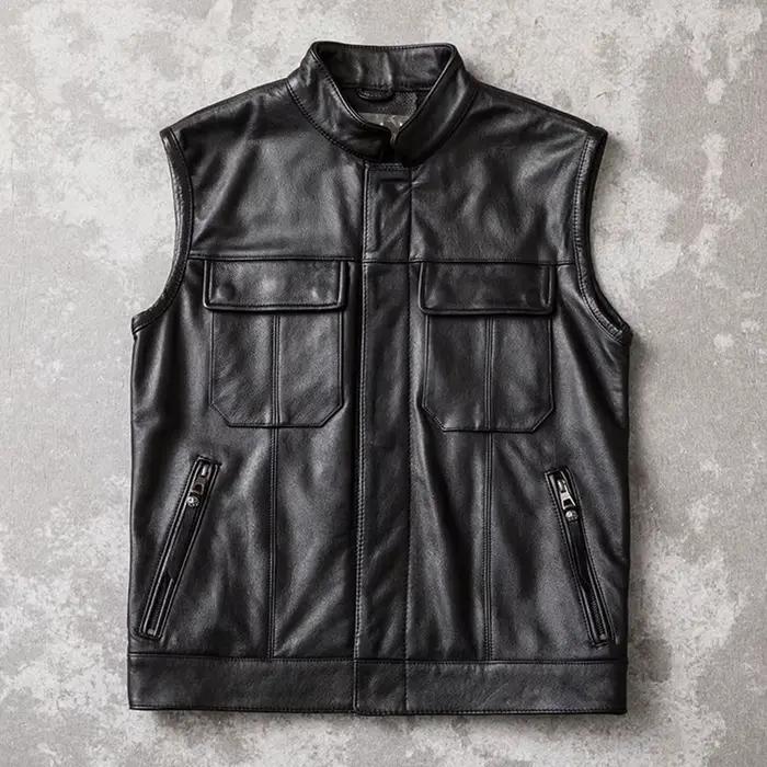 Gilet de motard en cuir de vache véritable pour hommes