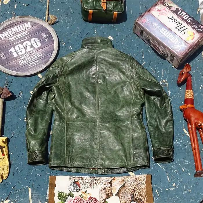 YR!Best.US Veste en cuir naturel vert style vintage M65. Veste de chasse en cuir de cheval tanné de qualité pour homme. Tissu en cuir souple.