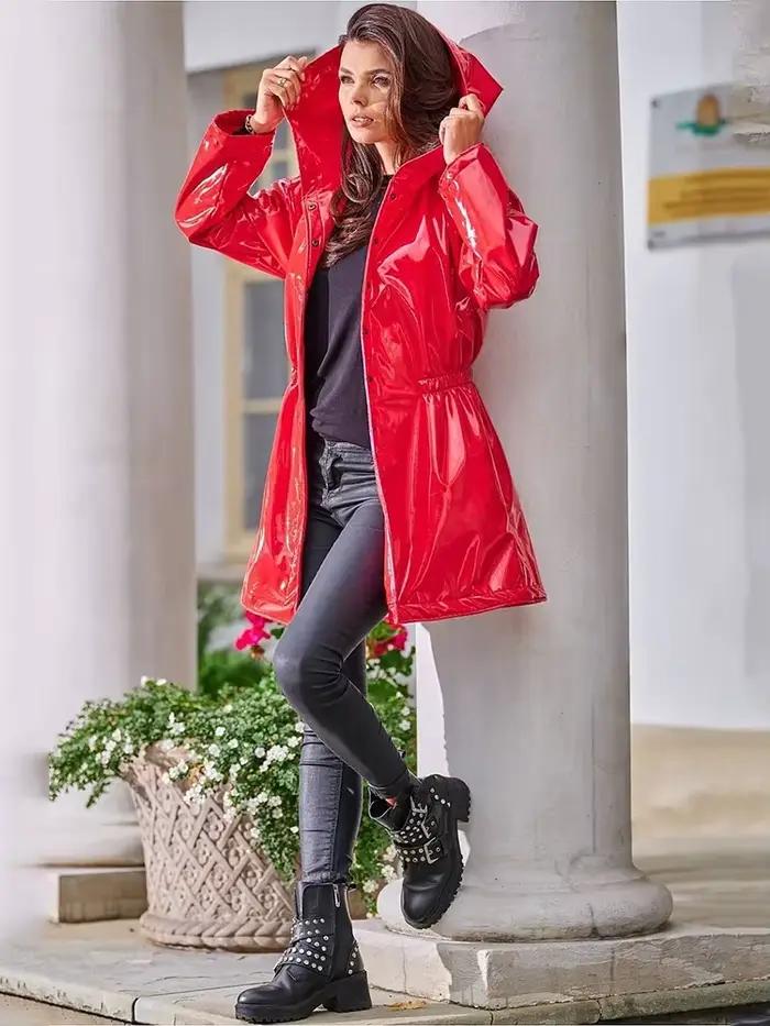 Pardessus à capuche en cuir verni brillant pour femme avec poche, veste en faux latex, parka avec bouton, imperméable en PVC pour femme, nouvelle collection personnalisable pour l'automne-hiver occassions spéciales