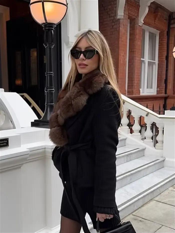 Col de fourrure à lacets manteau femme couleur unie taille cintrée manches longues vestes polyvalentes luxueux mode femmes nouveaux manteaux chauds