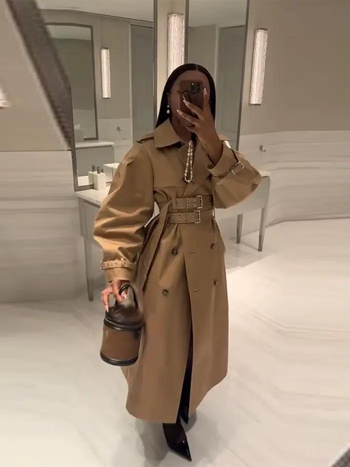 Trench-Coat Longue pour Femmes Kaki Classique Revers Ceinture Taille Surdimensionnée Mode Automne Hiver Occasions Spéciales Élégant Fête Style Décontracté