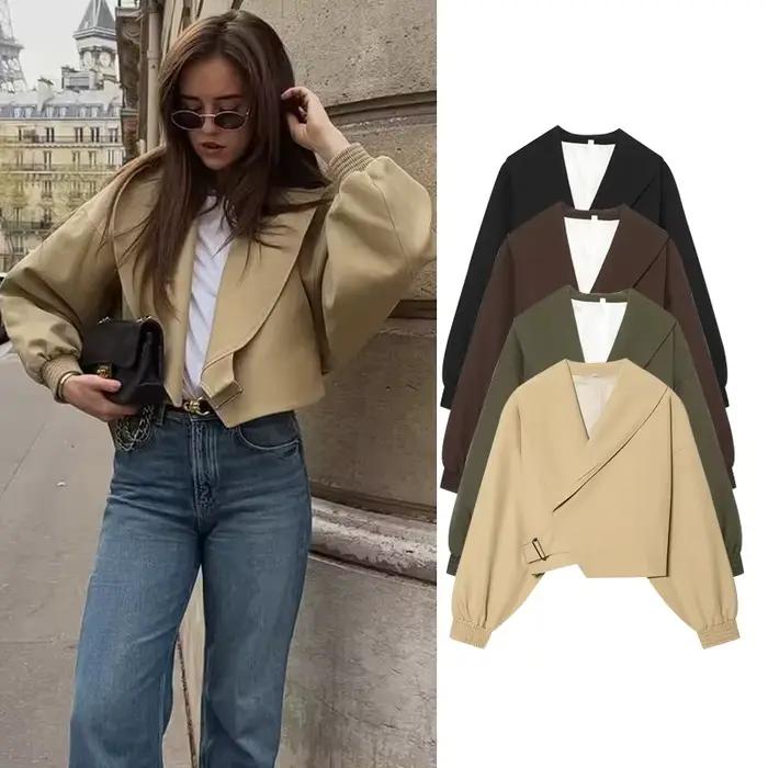 Vestes Courtes Femme Printemps 2026 Nouvelle Collection Manches Chauve-Souris Élégantes Chic Blouse Courte Tendance Jeunesse Vacances Streetwear Manteaux Chauds