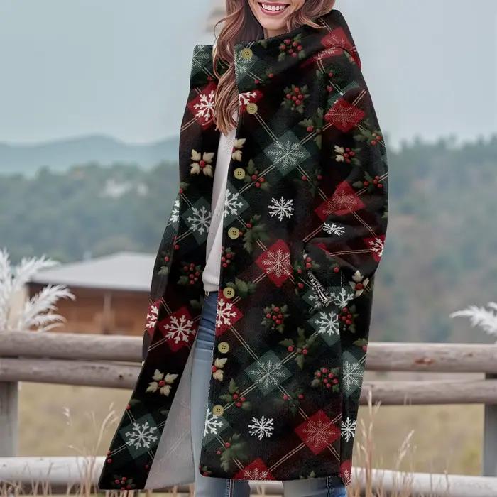 Trench-Coat à Capuche Rouge Festif avec Pomme de Pin et Flocon de Neige Vêtement d'Hiver en Polaire Imprimé Pour Noël Vêtements d'Extérieur Confortables Pour Les Vacances Hommes Chic Modern Casual Wear