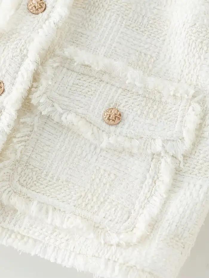 ZIQIAO-Manteau Blanc à Bord Brut pour Femme, Veste à Col Rond, Haut en Laine, Élégant et Chic, Style Français, Nouveau Design, Automne et Hiver, 23ZQpayée ity 382