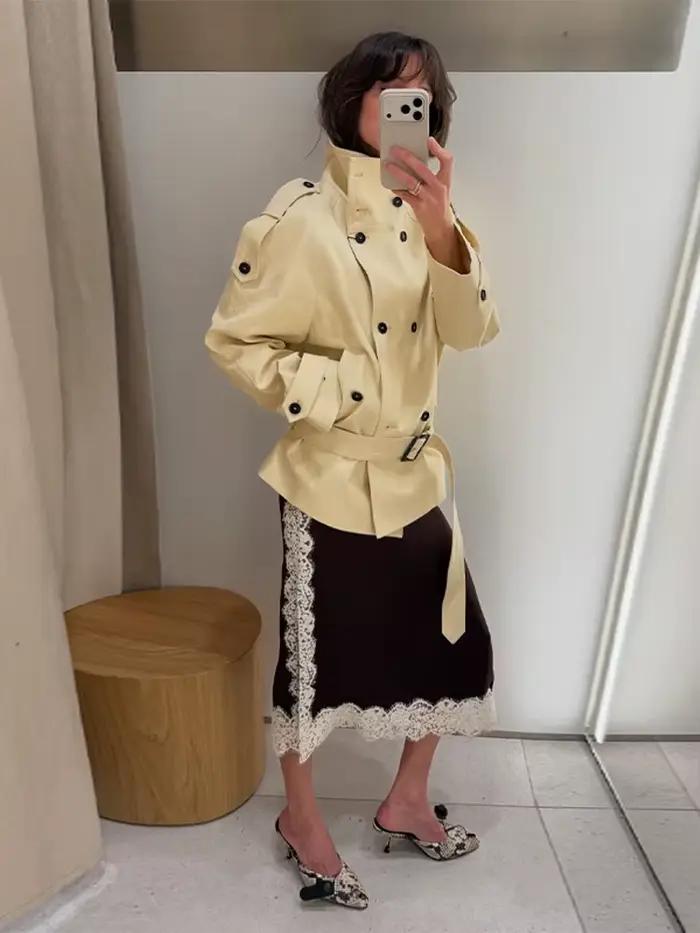 Manteau Trench Chic Avec Double Boutonnage Pour Femme Occasions Printemps Automne Polyester Elégance Urbaine Mode Streetwear