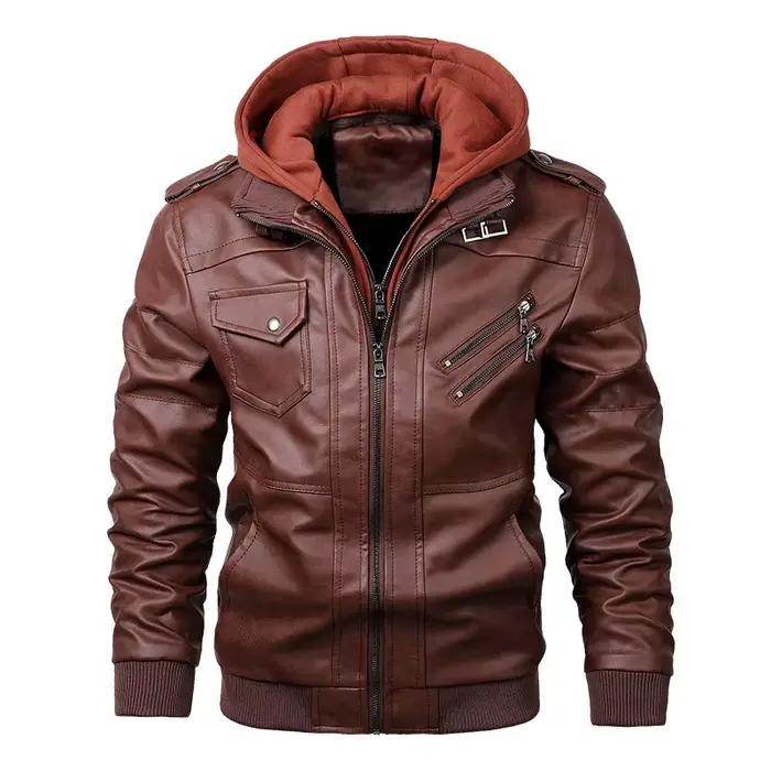 Hommes vestes faux deux veste en cuir Double fermeture éclair amovible à capuche Biker manteau en cuir mâle Cardigan pardessus