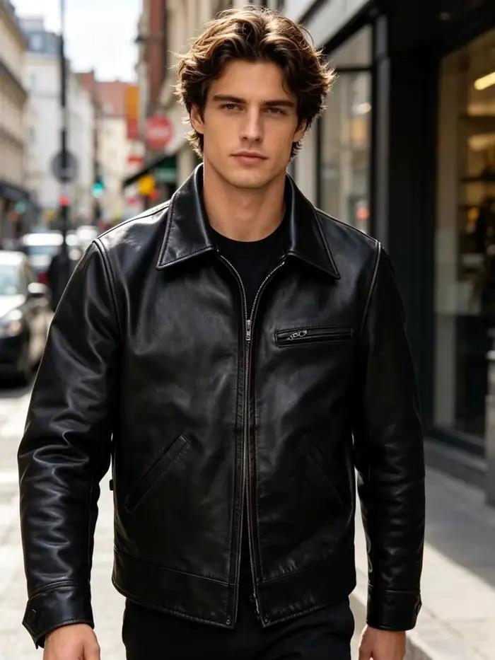 Veste en cuir noire pour homme, style rétro vintage, en cuir de vache véritable, col rabattu, coupe ajustée, courte, style années 1930