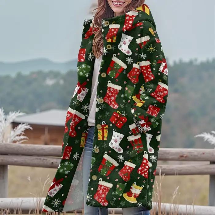 Trench-Coat à Capuche Rouge Festif avec Pomme de Pin et Flocon de Neige Vêtement d'Hiver en Polaire Imprimé Pour Noël Vêtements d'Extérieur Confortables Pour Les Vacances Hommes Chic Modern Casual Wear