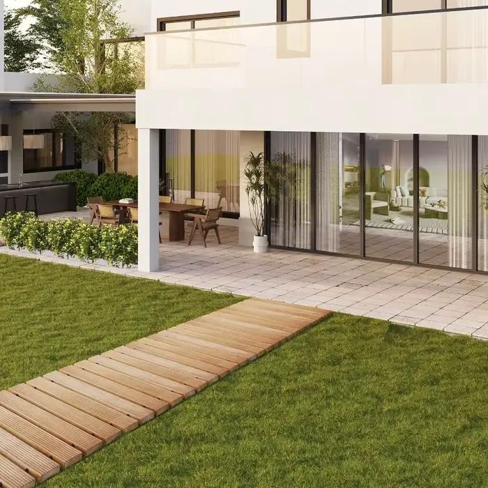 Allée de jardin en bois antidérapante, courbée, en bois massif, pour extérieur, résistante aux intempéries, installation facile, allée enroulable pour cour arrière