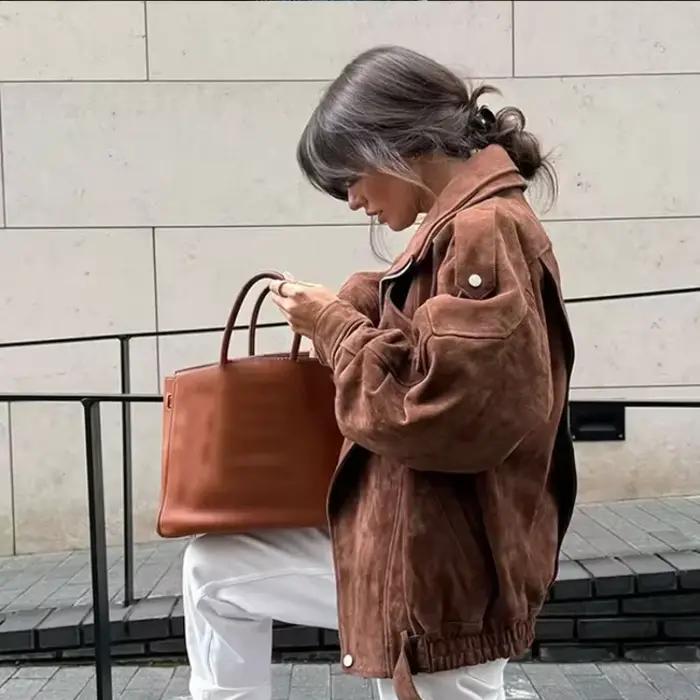 Vestes en cuir suédé à revers Maillard pour femmes