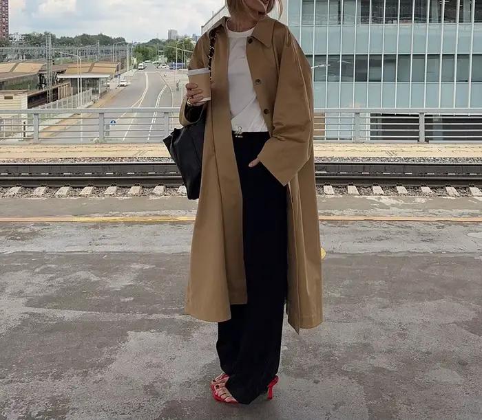 Trench-Coat Long Simple pour femmes, Trench-Coat à revers, Simple boutonnage, en pur coton, ample, automne et hiver, 2025