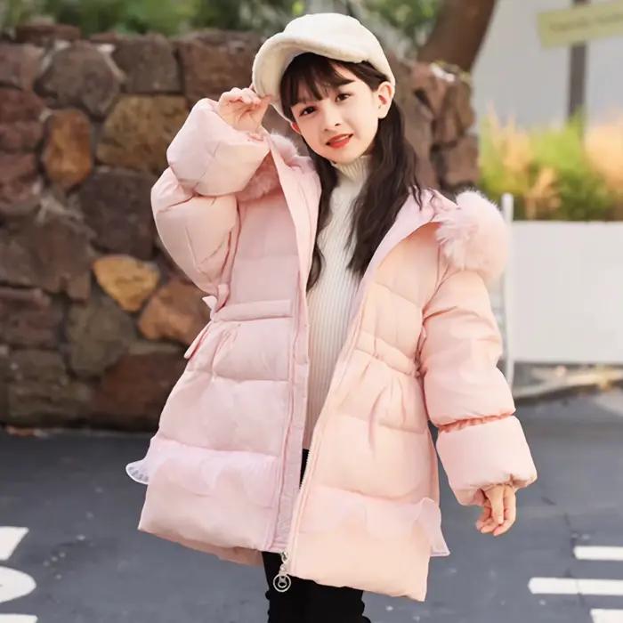 Veste matelassurera à capuche en fourrure pour filles, manteau en coton pour enfants, dentelle à gros nœud, doudoune pour enfants, parka chaude pour tout-petits, optique, hiver