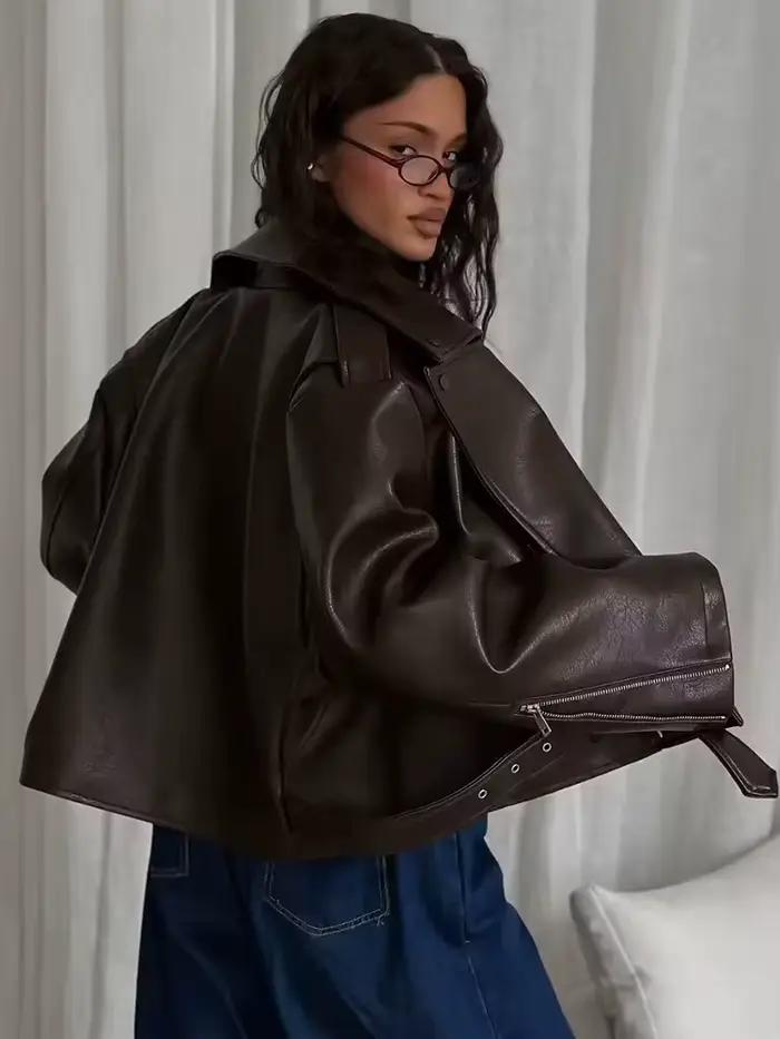HH femmes hiver chaud vestes solide col rabattu poche femmes mode manches longues courtes en vrac en cuir ceinture manteaux à la mode