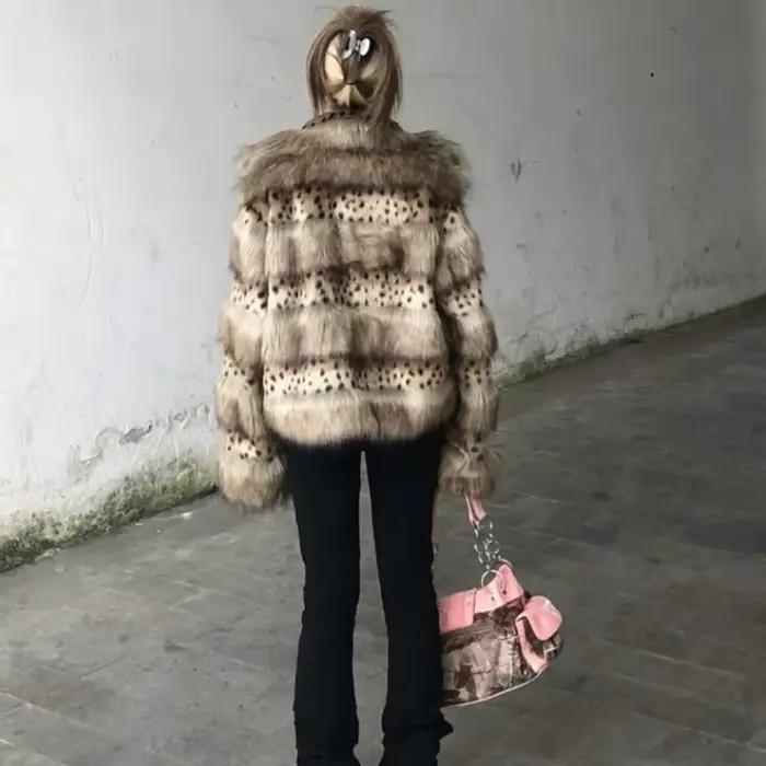 Automne hiver imprimé léopard écologique fausse fourrure manteaux femmes nouveau Vintage marron revers fourrure manteau à la mode chaleur vêtements d'extérieur