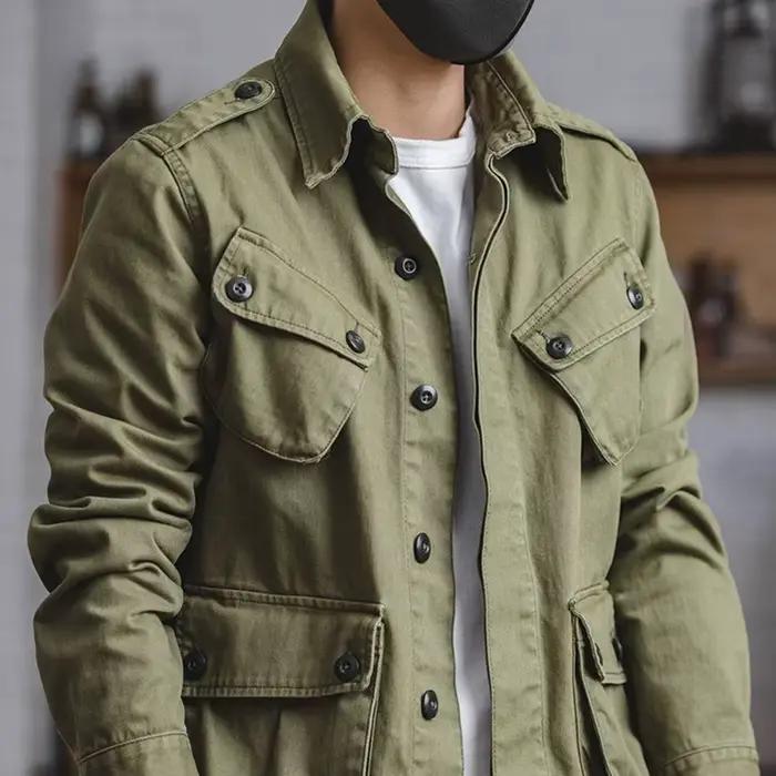 Veste de travail délavée rétro américaine pour hommes, style de rue vert, poches multiples, vestes cargo, streetwear utilitaire