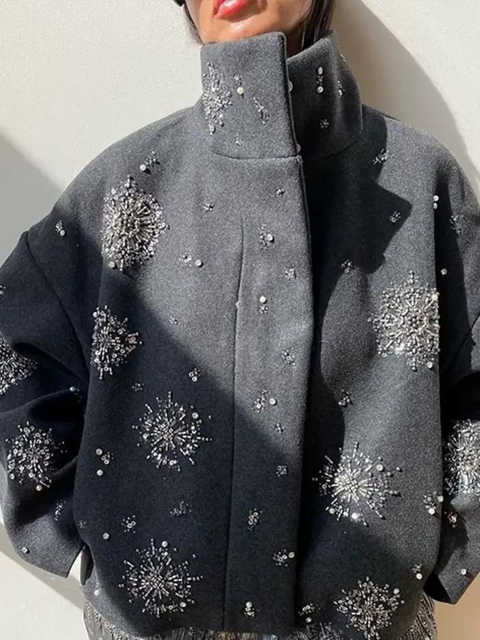Manteau en laine à fleurs perlées pour femmes, col montant, paillettes grises, pardessus court, veste décontractée à col haut, vêtements d'extérieur élégants