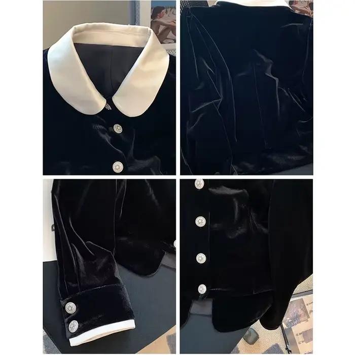 Manteau à col Peter Pan en velours noir pour femme printemps junior décontracté vêtements d'extérieur vestes polyester haute qualité