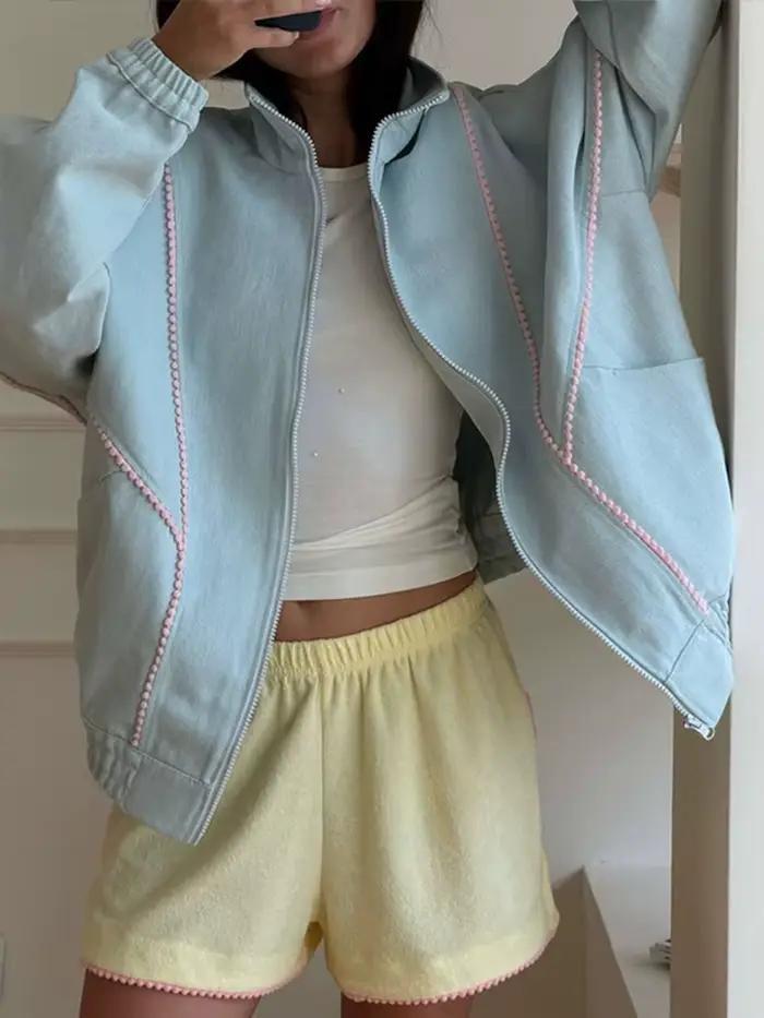 Manteau décontracté patchwork pour femme, élégant, à manches longues, avec fermetures éclair et poches, col montant, vêtement d'extérieur féminin, collection automne-hiver 2026, streetwear pour femme