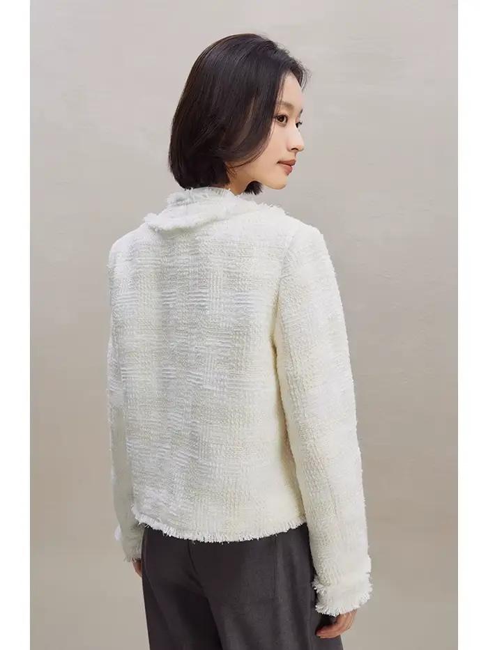 ZIQIAO-Manteau Blanc à Bord Brut pour Femme, Veste à Col Rond, Haut en Laine, Élégant et Chic, Style Français, Nouveau Design, Automne et Hiver, 23ZQpayée ity 382