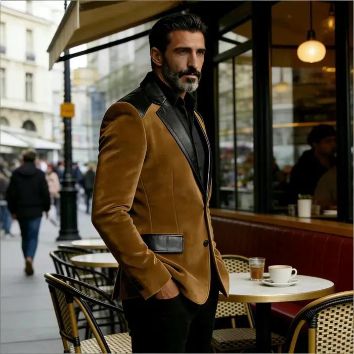 Blazer en velours camel pour homme avec patchwork en cuir