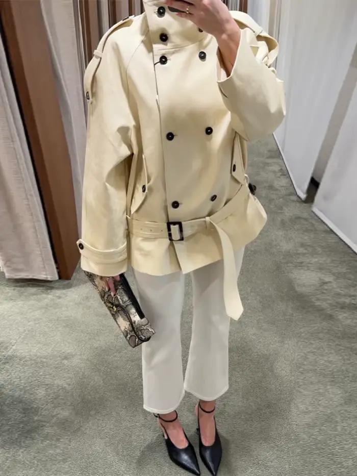Manteau Trench Chic Avec Double Boutonnage Pour Femme Occasions Printemps Automne Polyester Elégance Urbaine Mode Streetwear