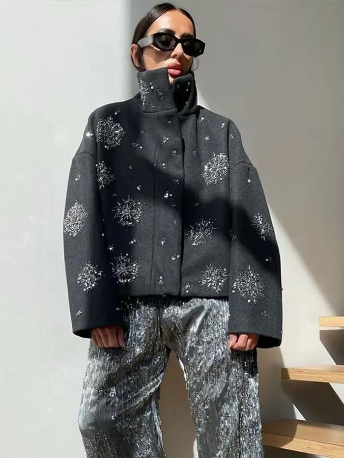 Manteau en laine à fleurs perlées pour femmes, col montant, paillettes grises, pardessus court, veste décontractée à col haut, vêtements d'extérieur élégants