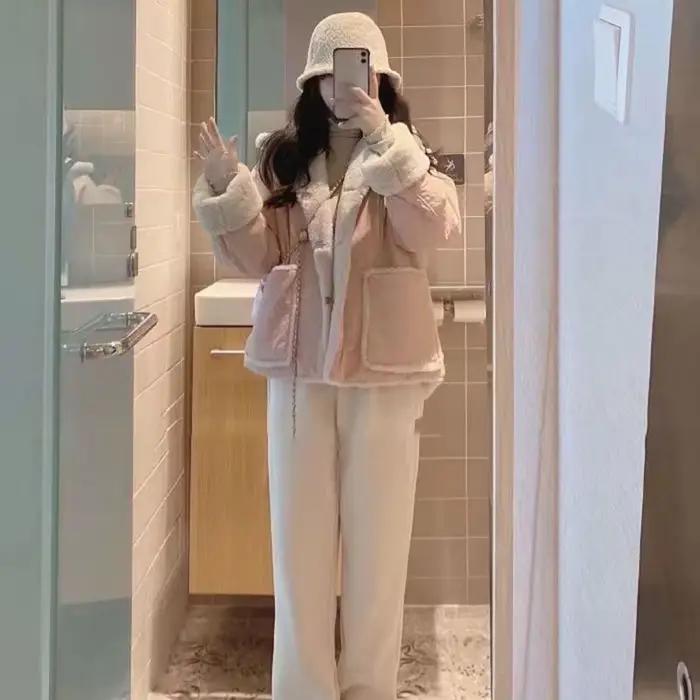 Biyaby-Parka à col à revers rose Kawaii pour femme, Parka chaude épaissie en velours, Parka à boutonnage simple pour femme, 2 grandes poches, hiver