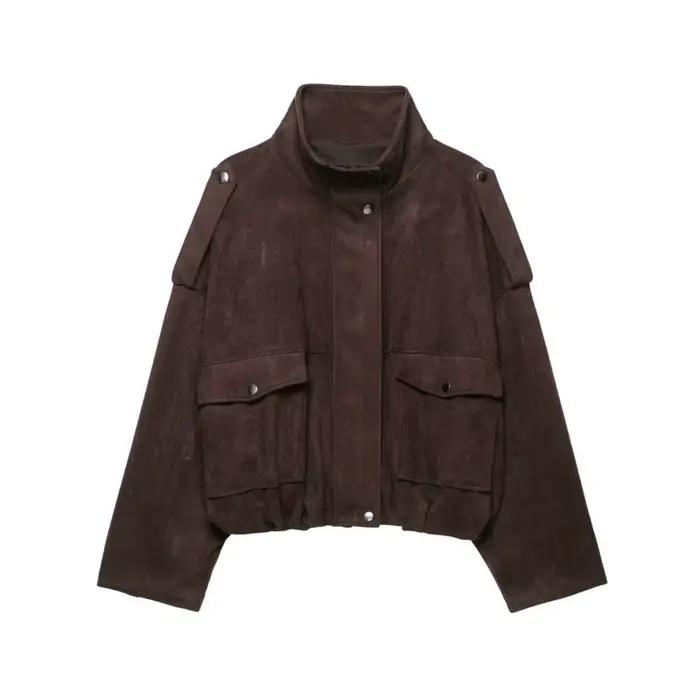 Veste en faux daim HipSeam pour femme avec épaulettes nouvelle collection automne col montant manches longues chic pour bureau femmes automne printemps
