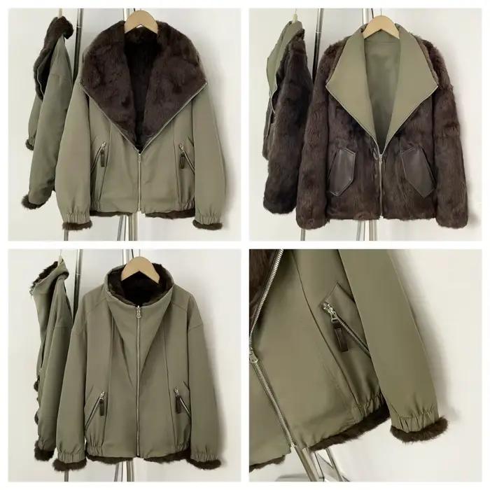 Parka avec fourrure pour femmes, manteau en fourrure réversible double face, veste courte chaude en fourrure de lapin véritable pour femmes, veste d'hiver pour femmes