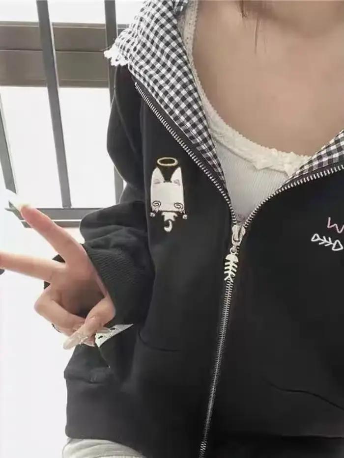 Vestes à capuche à carreaux noirs pour femmes, manteau japonais mignon avec oreilles de chat, début d'automne, Y2k, ample, manches longues, fermeture éclair, 2025