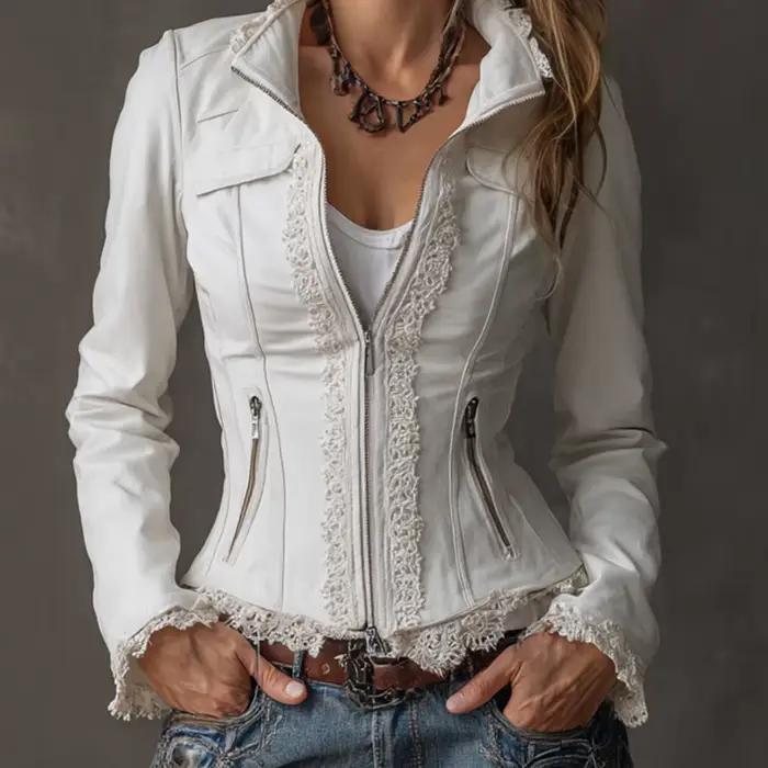 Veste élégante en similicuir PU avec bordure en dentelle pour femme