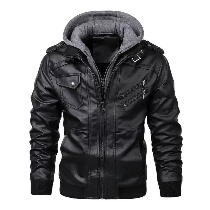Hommes vestes faux deux veste en cuir Double fermeture éclair amovible à capuche Biker manteau en cuir mâle Cardigan pardessus