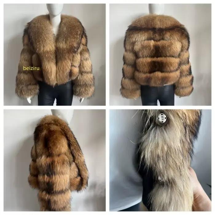 Manteau en fourrure de raton laveur véritable pour femme BEIZIRU avec grand col rabattable