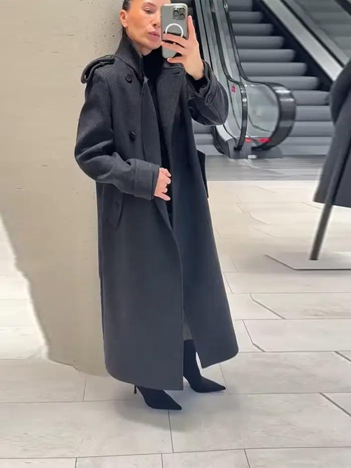 Manteaux longs à col roulé pour femmes, vestes en laine à manches longues, épaulettes de luxe, automne hiver, veste bombardier, nouveaux vêtements d'extérieur pour dames