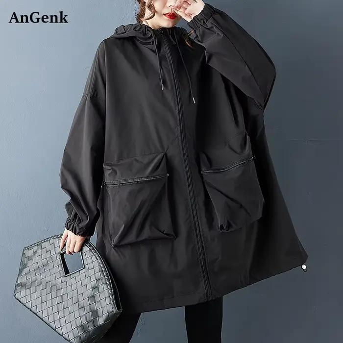 Manteau long trench-coat noir vintage oversize pour femme, nouveau, à capuche, avec poches, décontracté, coupe ample, vêtement d'extérieur, cardigan, printemps automne 2026