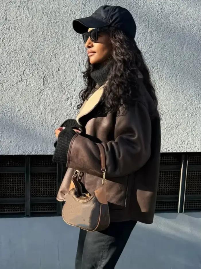 Veste patchwork en cuir fourrure rétro pour femme