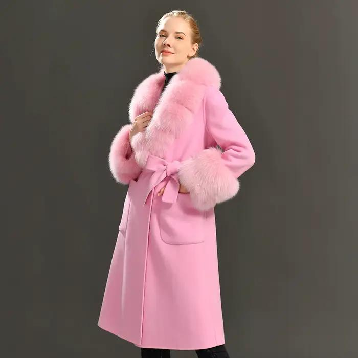 Jaxmonoy 2025 femmes manteau d'hiver Double face manteaux en cachemire avec vraie fourrure de renard dames manches