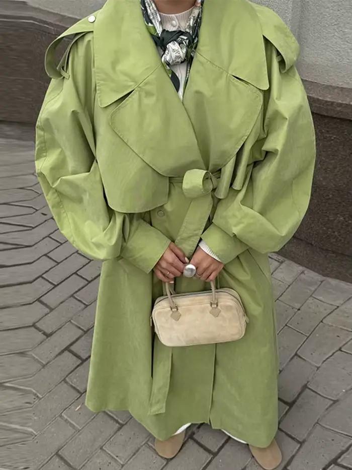 Veste longue unie à lacets sur le devant pour femme, manches bouffantes longues, ample, décontractée, polyvalente, manteaux tendance, nouvelles vestes pour femmes automne hiver 2025