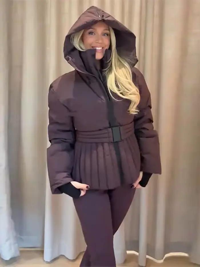 Doudoune d'hiver pour femme col montant manteaux de Ski rembourrés manches lanternes ceintures à glissière mince automne hiver manteau nouvelle dame vêtements d'extérieur